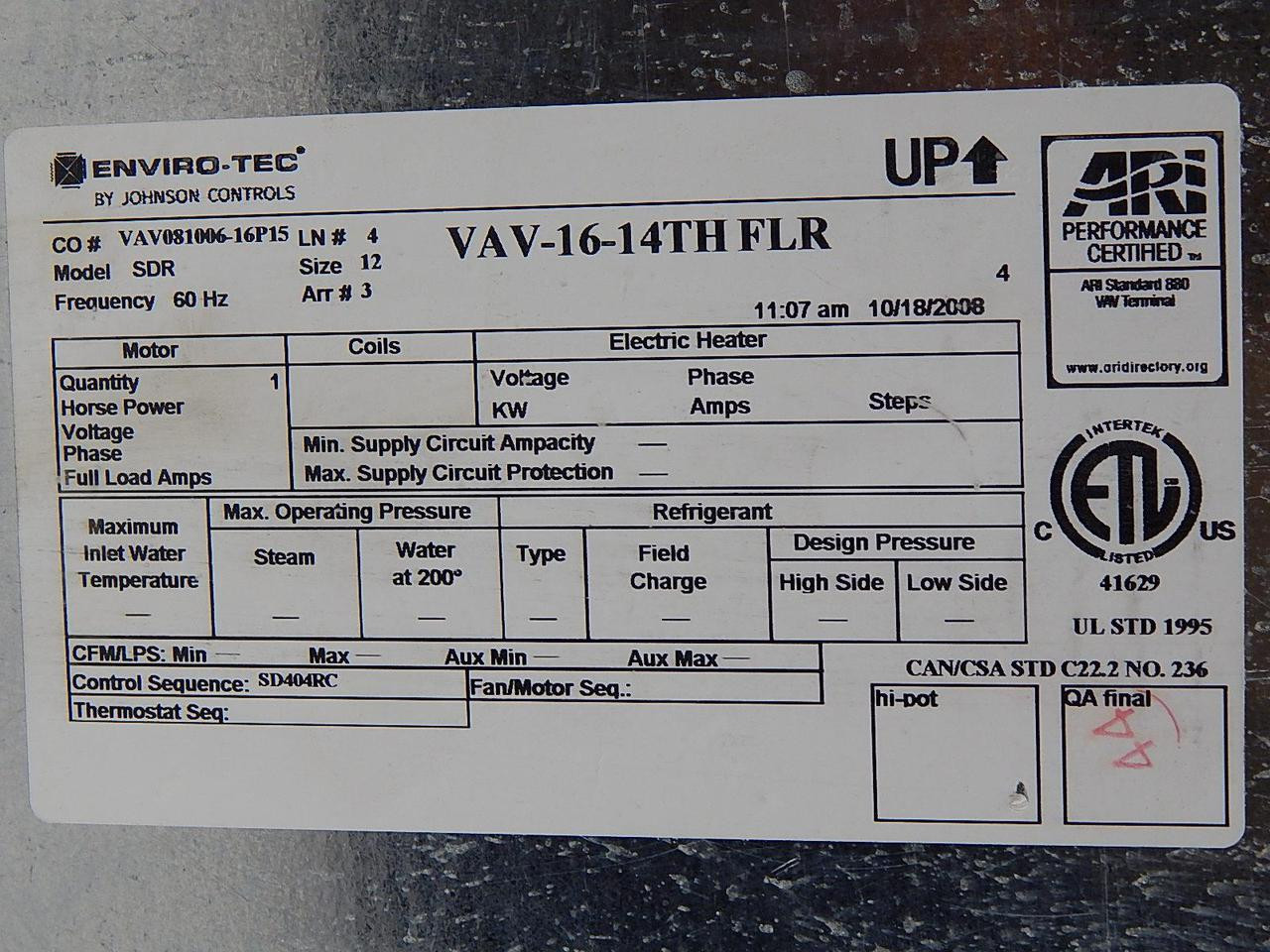 Johnson Controls EnviroTec SDR VAV1614TH FLR Single Duct VAV